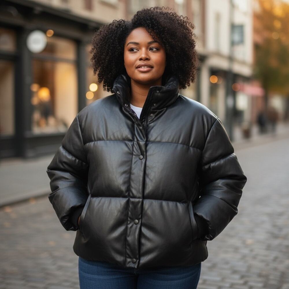 Puffer Faux Leather Coat Plus Size